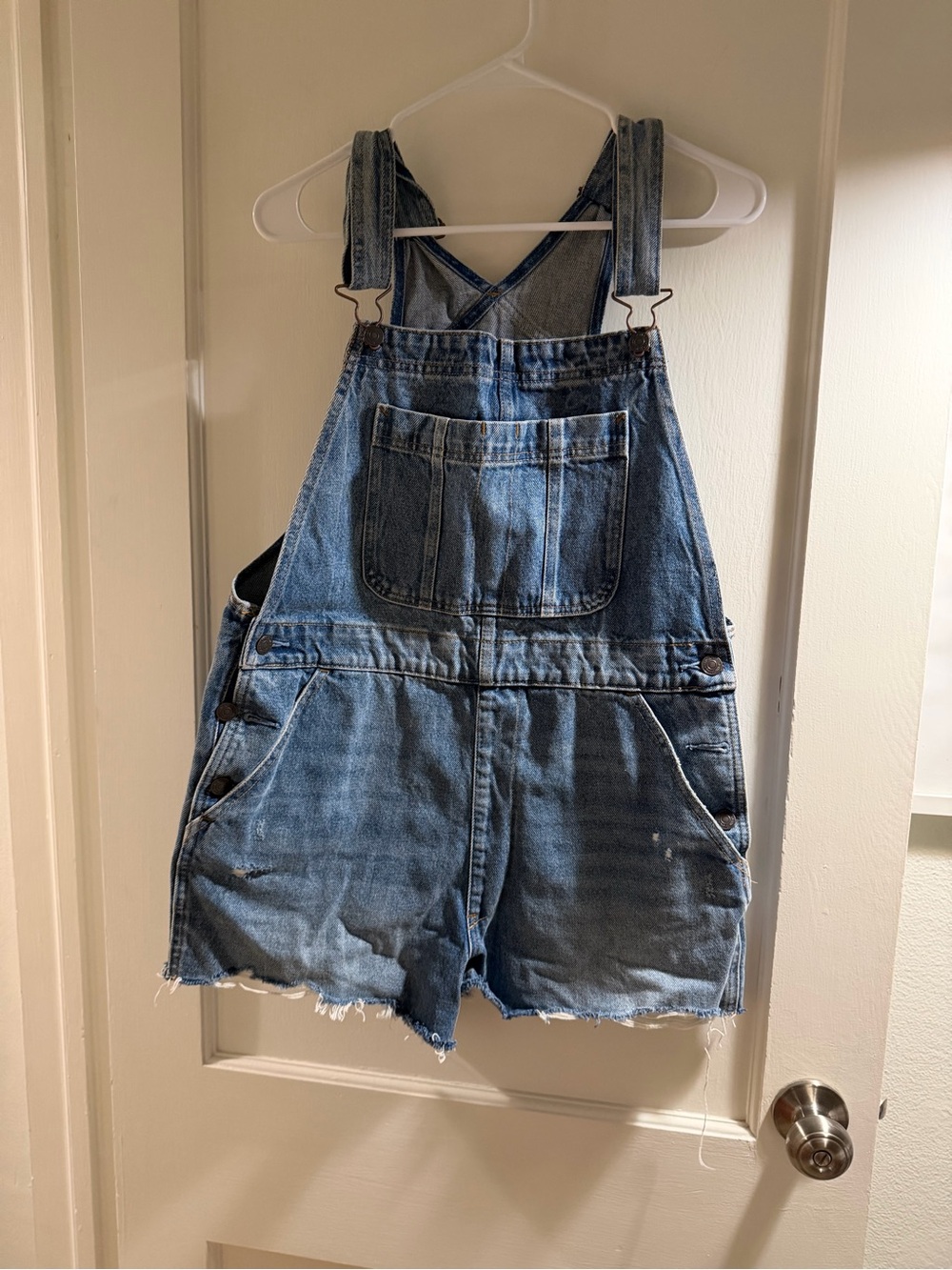 Abercrombie & Fitch Distressed Blue Denim Short Overalls
